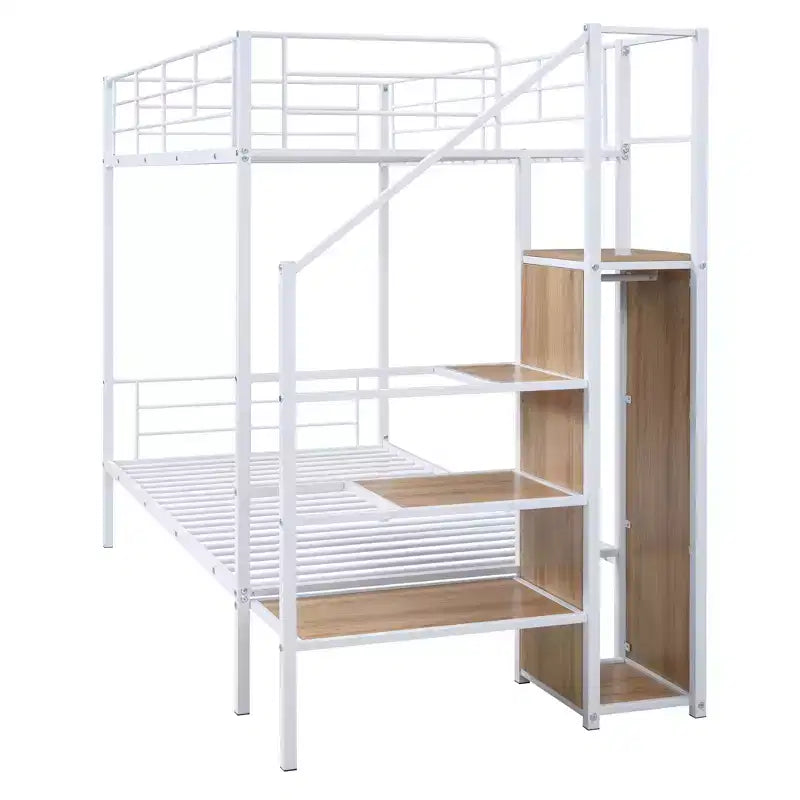 Litera de metal blanco/negro con escalera de almacenamiento y armario, para 2 personas