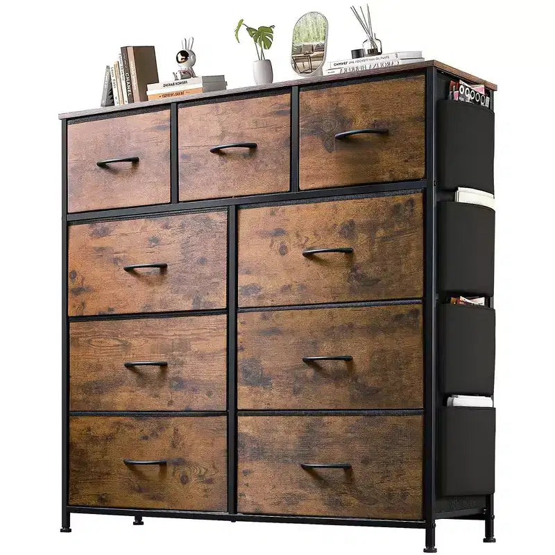 9-Drawer Fabric Dresser Storage Organizer with Side Pockets Hooks Steel Frame for Bedroom