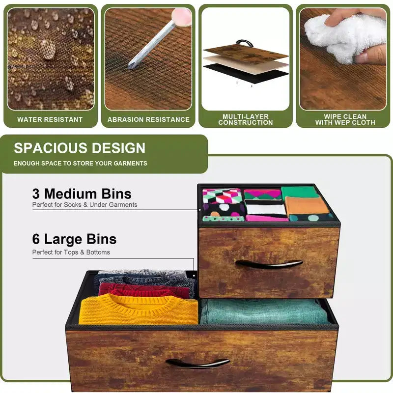 Cómoda de tela gris de 9 cajones, plegable, organizador de almacenamiento para una persona