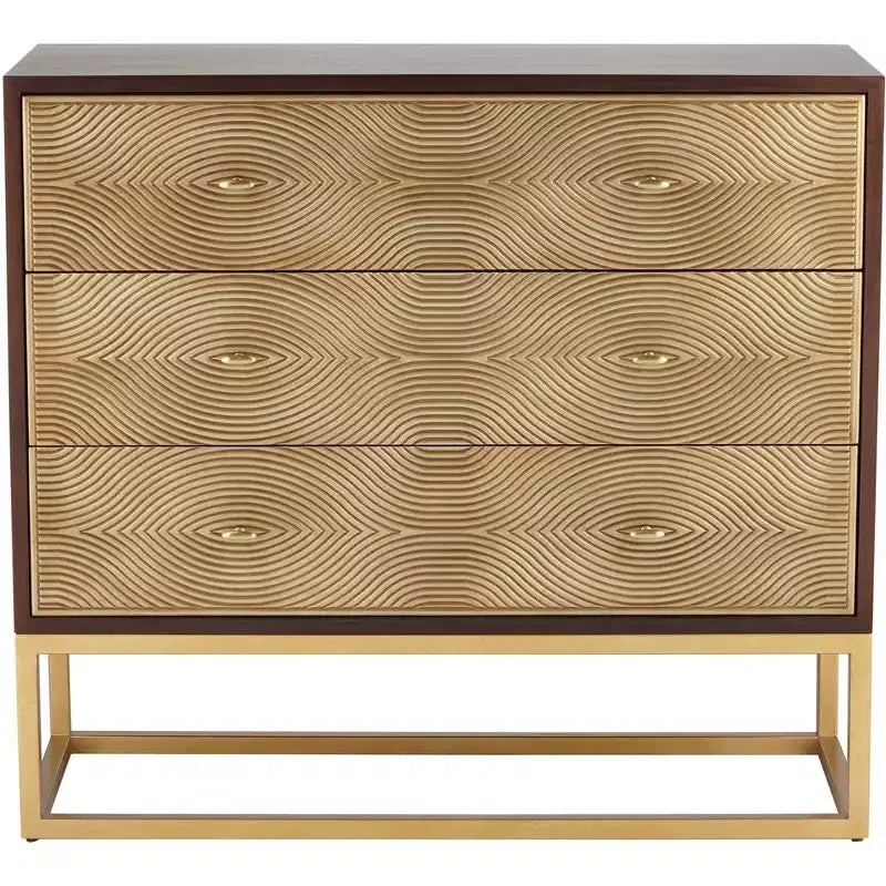 Cómoda de 3 cajones color nogal y dorado antiguo, estilo moderno, requiere montaje por un adulto
