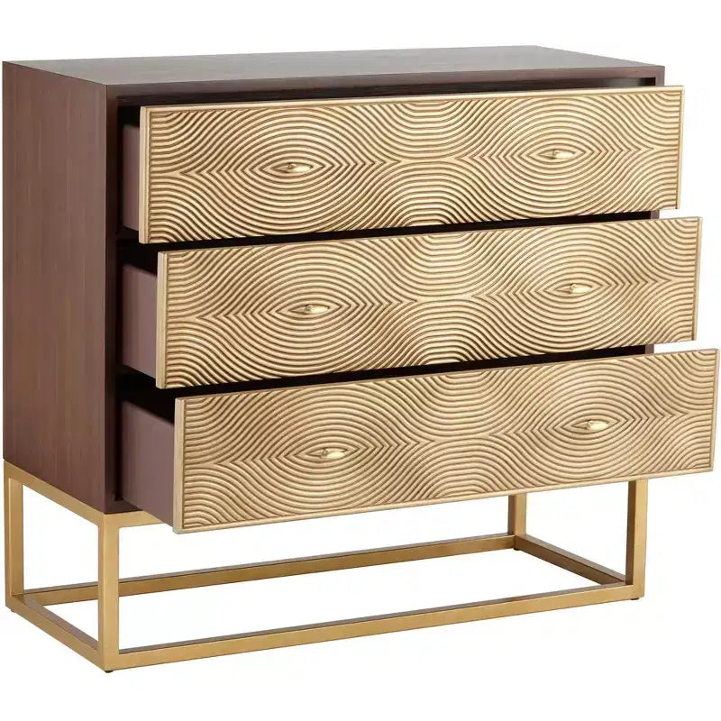 Cómoda de 3 cajones color nogal y dorado antiguo, estilo moderno, requiere montaje por un adulto