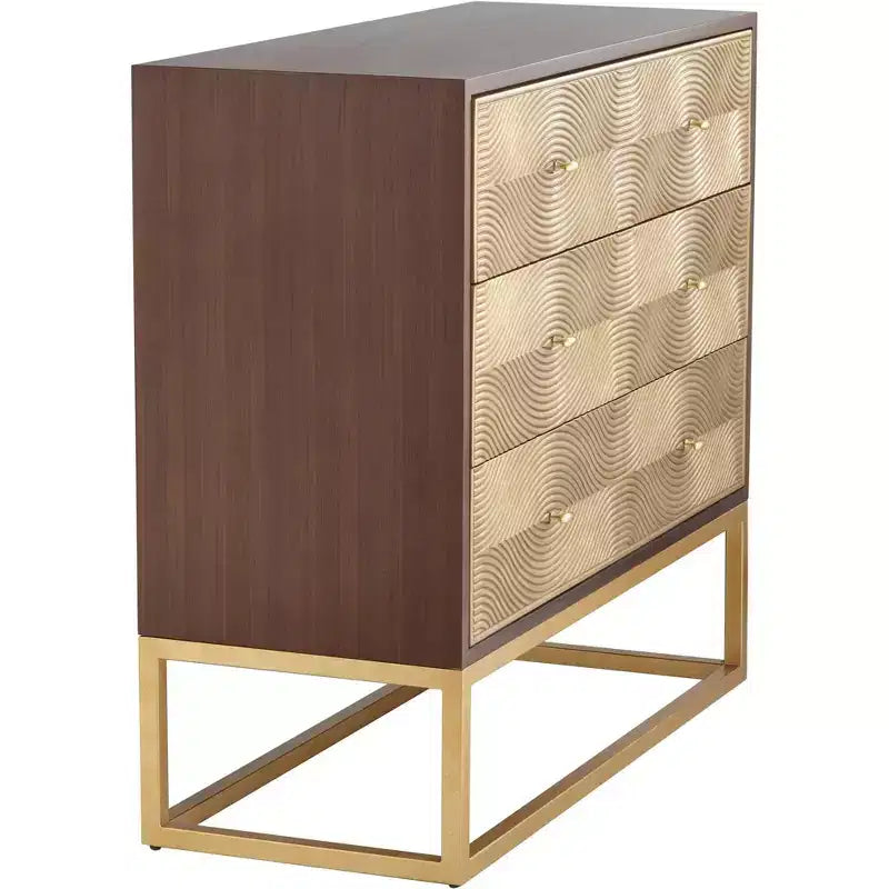 Cómoda de 3 cajones color nogal y dorado antiguo, estilo moderno, requiere montaje por un adulto