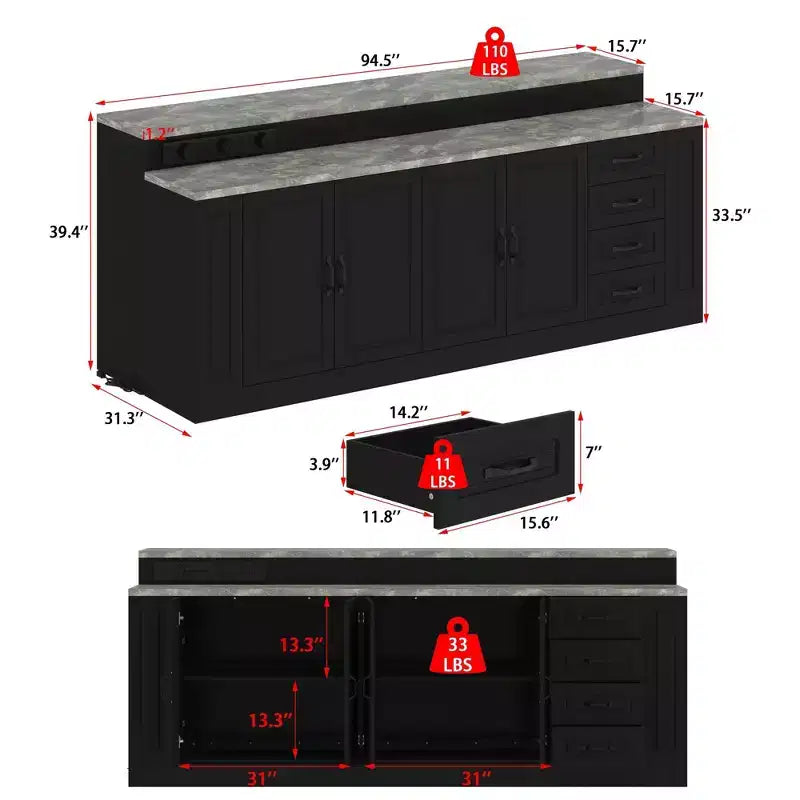 Isla de cocina/Armario con cajones de 2 niveles Negro y Mármol – 240 cm Ancho, Uso para 1–2 Personas