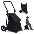 2 In 1 Foldable Grocery Cart, Heavy Duty Collapsible Shopping Cart with Seat, Adjustable Non Slip Handle, Folding Hand Truck Utility Cart, Black