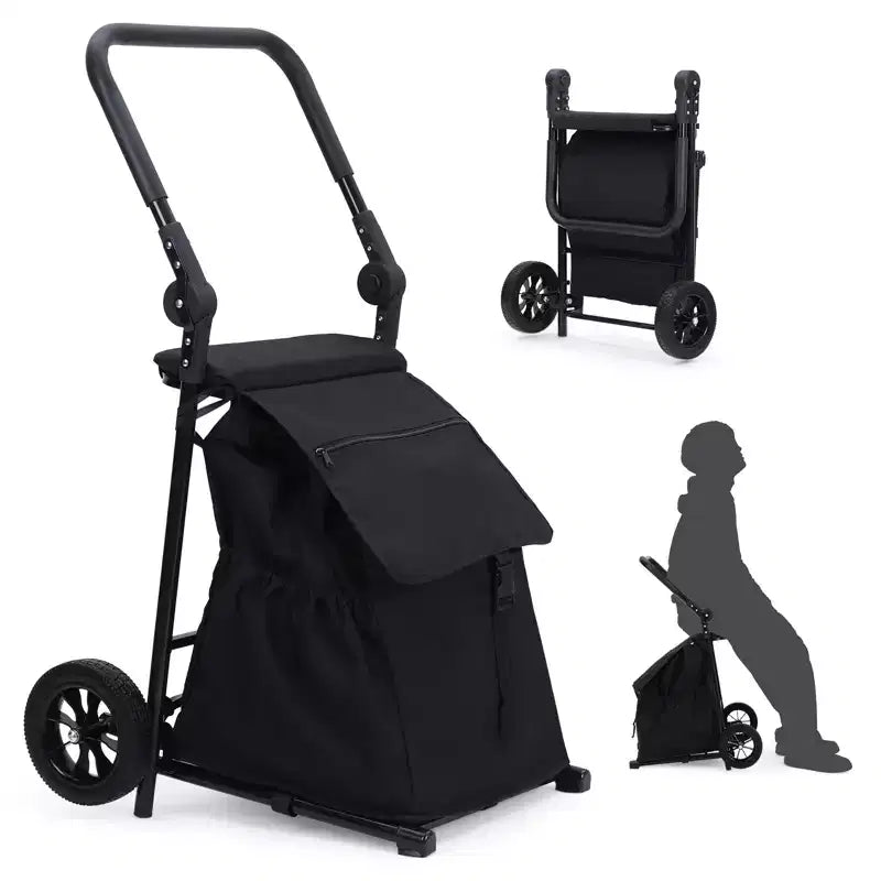 2 In 1 Foldable Grocery Cart, Heavy Duty Collapsible Shopping Cart with Seat, Adjustable Non Slip Handle, Folding Hand Truck Utility Cart, Black
