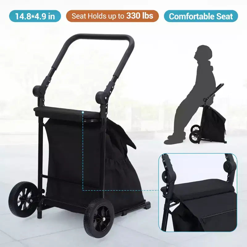 Carrito de compras y camión de mano plegable 2 en 1 negro con asiento, 1 persona