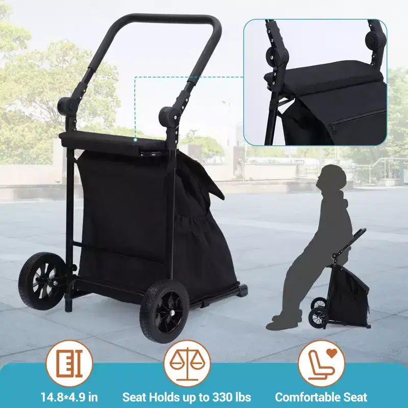 Carrito de compras y camión de mano plegable 2 en 1 negro con asiento, 1 persona