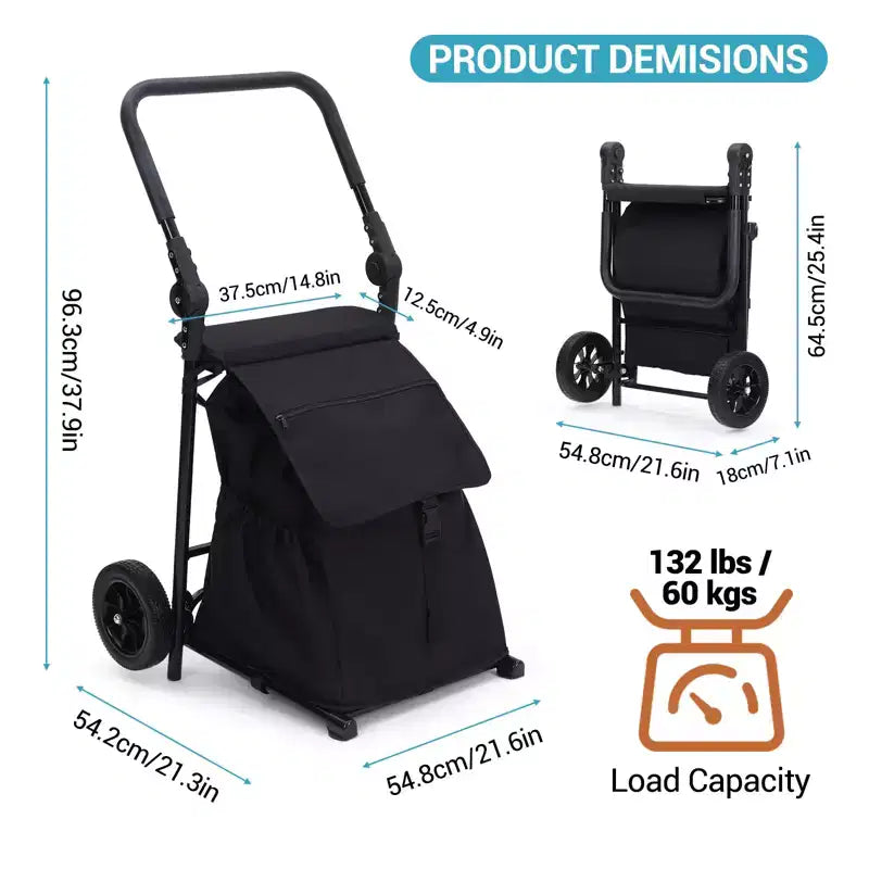 Carrito de compras y camión de mano plegable 2 en 1 negro con asiento, 1 persona