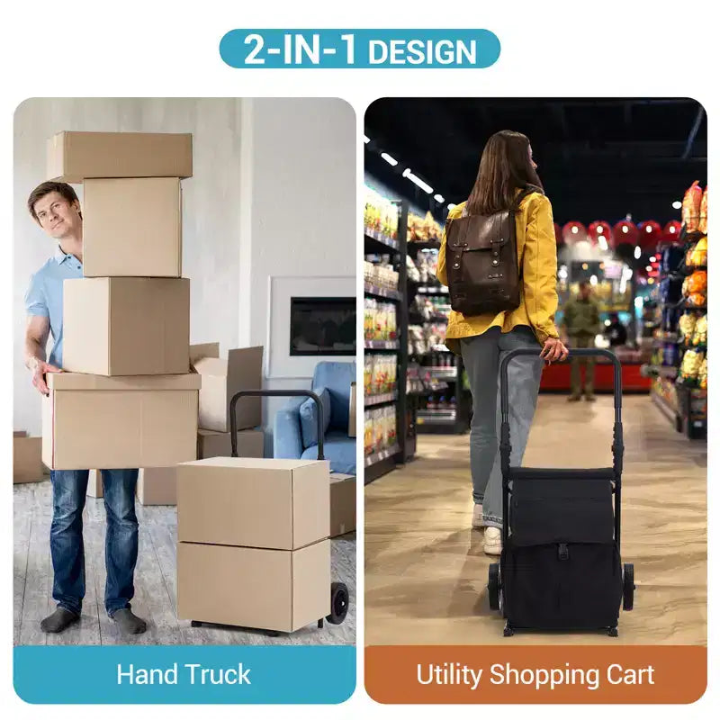 Carrito de compras y camión de mano plegable 2 en 1 negro con asiento, 1 persona