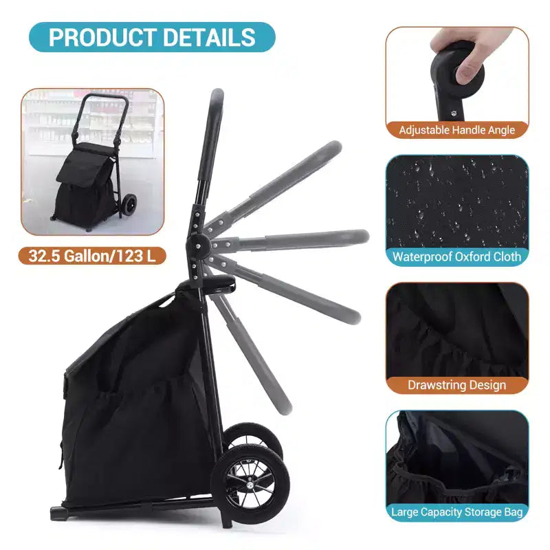 Carrito de compras y camión de mano plegable 2 en 1 negro con asiento, 1 persona
