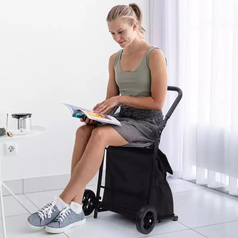 Carrito de compras y camión de mano plegable 2 en 1 negro con asiento, 1 persona