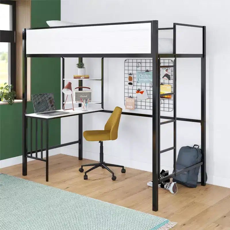 Cama alta de metal en blanco y negro con escritorio y estantes - Individual/Matrimonial, 1 persona