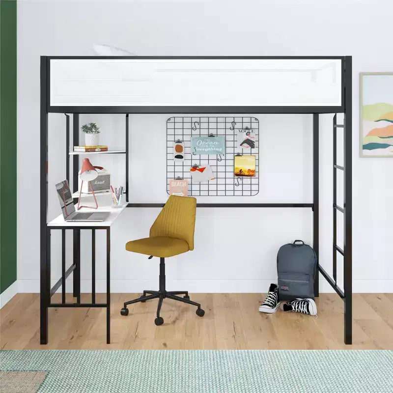 Cama alta de metal en blanco y negro con escritorio y estantes - Individual/Matrimonial, 1 persona