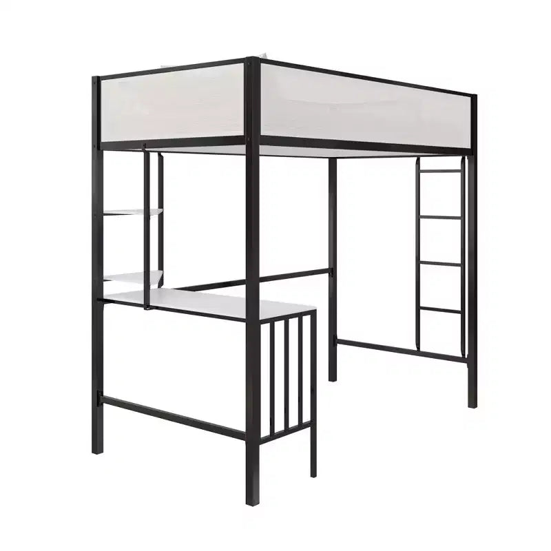 Cama alta de metal en blanco y negro con escritorio y estantes - Individual/Matrimonial, 1 persona