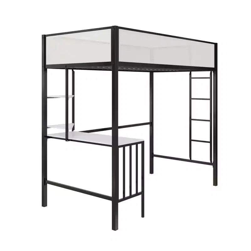 Cama alta de metal en blanco y negro con escritorio y estantes - Individual/Matrimonial, 1 persona
