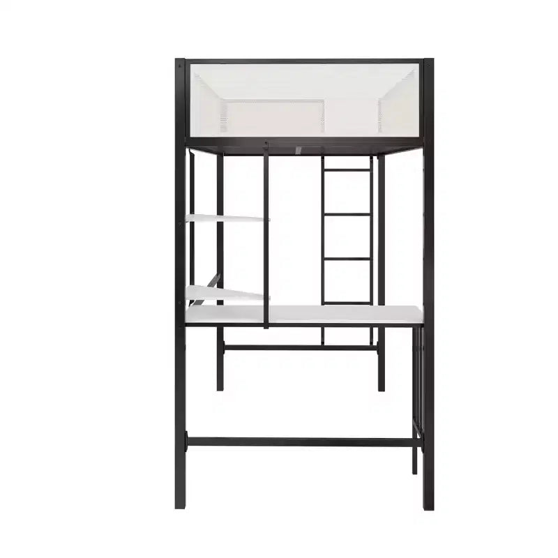 Cama alta de metal en blanco y negro con escritorio y estantes - Individual/Matrimonial, 1 persona