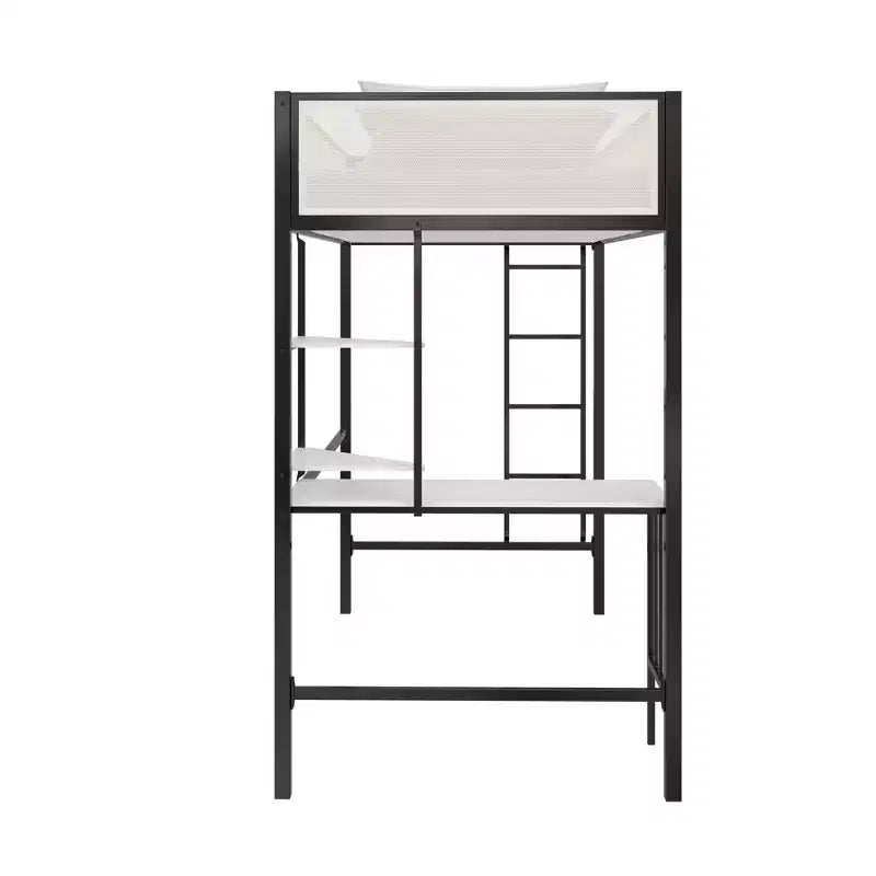 Cama alta de metal en blanco y negro con escritorio y estantes - Individual/Matrimonial, 1 persona