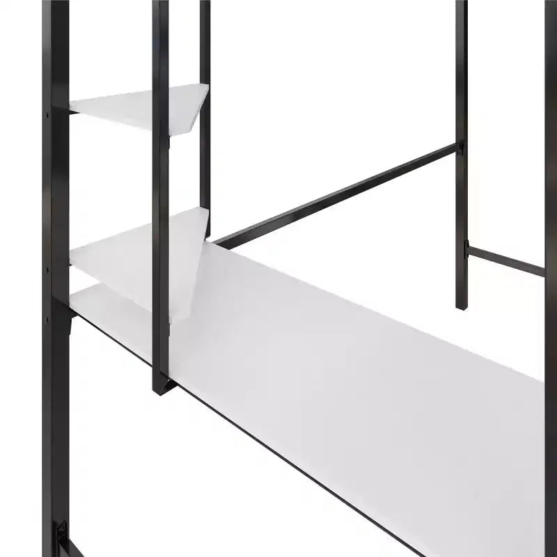 Cama alta de metal en blanco y negro con escritorio y estantes - Individual/Matrimonial, 1 persona