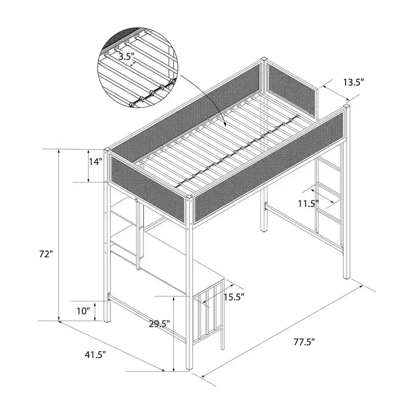 Cama alta de metal en blanco y negro con escritorio y estantes - Individual/Matrimonial, 1 persona