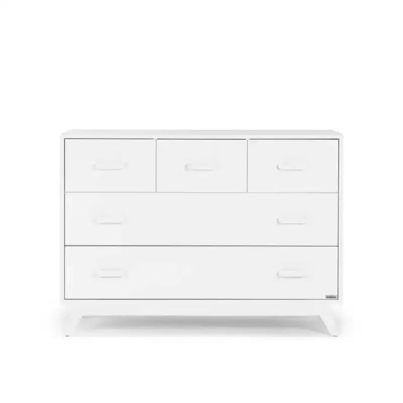 Cómoda de 5 cajones blanca/nogal, estilo mediados de siglo, habitación individual