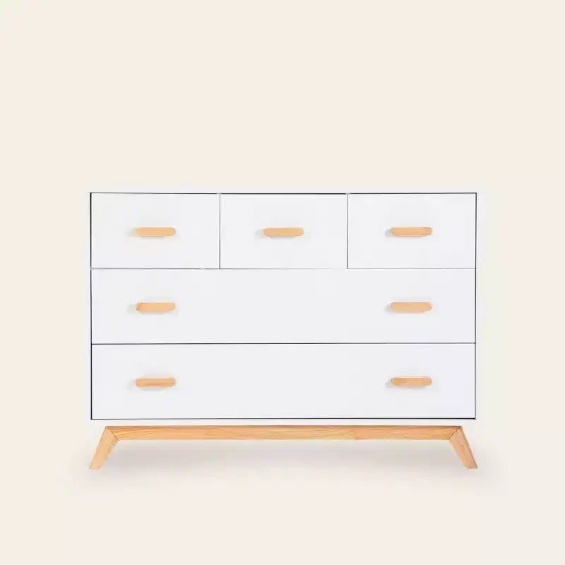 Cómoda de 5 cajones blanca/nogal, estilo mediados de siglo, habitación individual