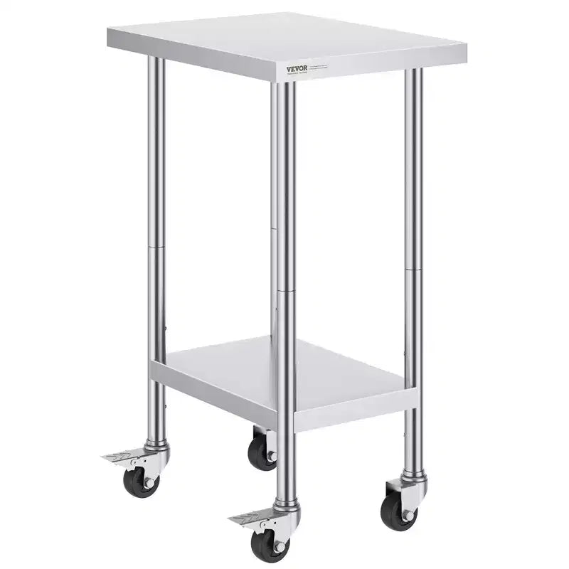 VIYET 38 Stainless Steel Work Table - 4 Wheels, 3 Adjustable Heights, Silver