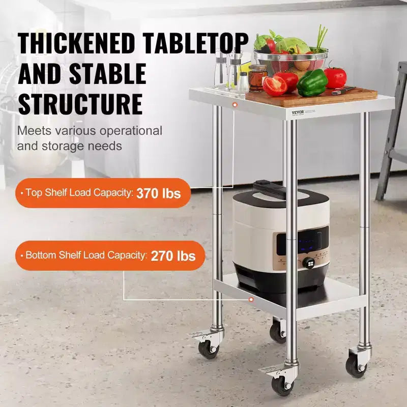 Mesa de trabajo de acero inoxidable plateado con ruedas y estantes ajustables, 38" de alto