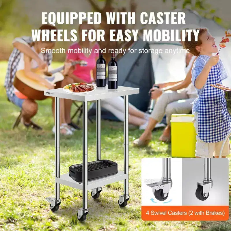 Mesa de trabajo de acero inoxidable plateado con ruedas y estantes ajustables, 38" de alto