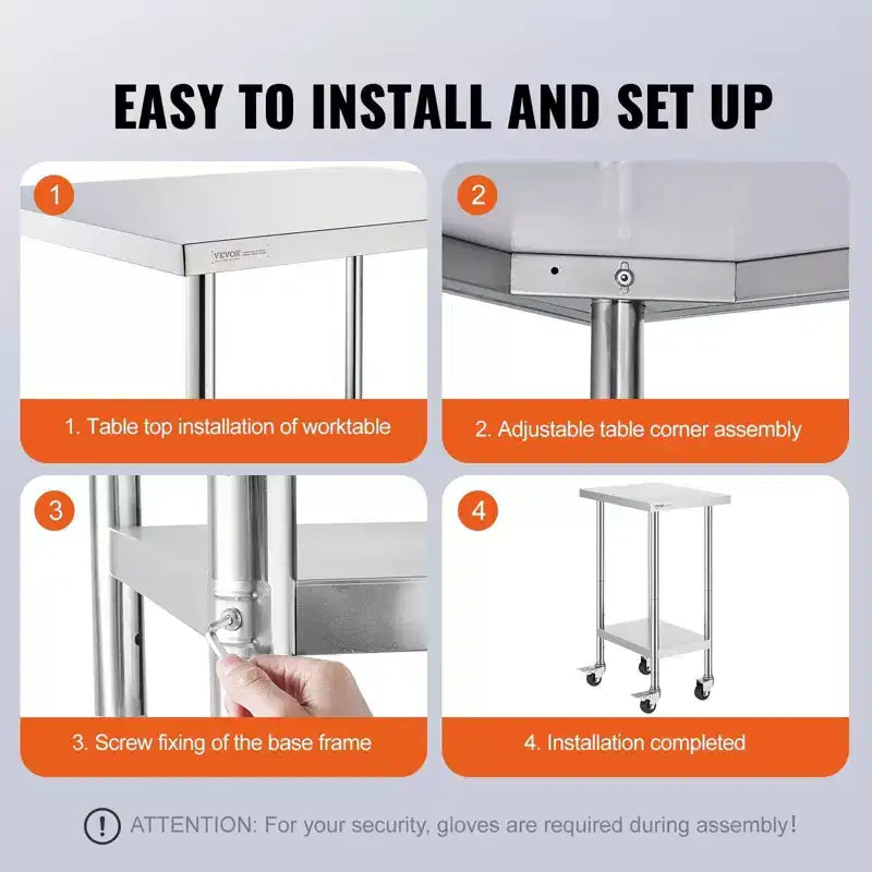 Mesa de trabajo de acero inoxidable plateado con ruedas y estantes ajustables, 38" de alto