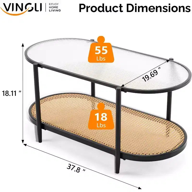 Mesa de centro ovalada de cristal negro con estante efecto ratán, 2 niveles de almacenamiento