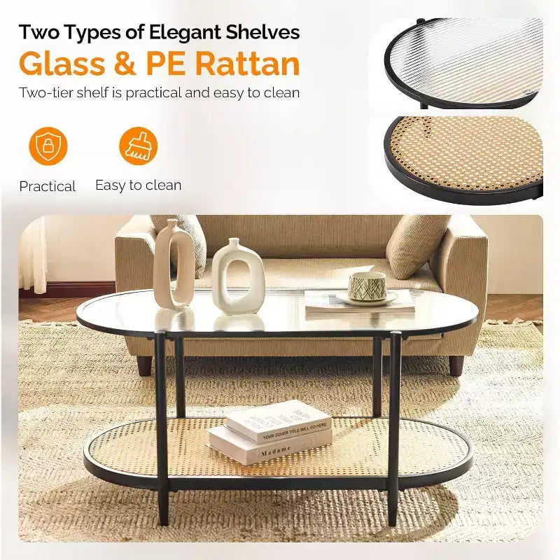 Mesa de centro ovalada de cristal negro con estante efecto ratán, 2 niveles de almacenamiento