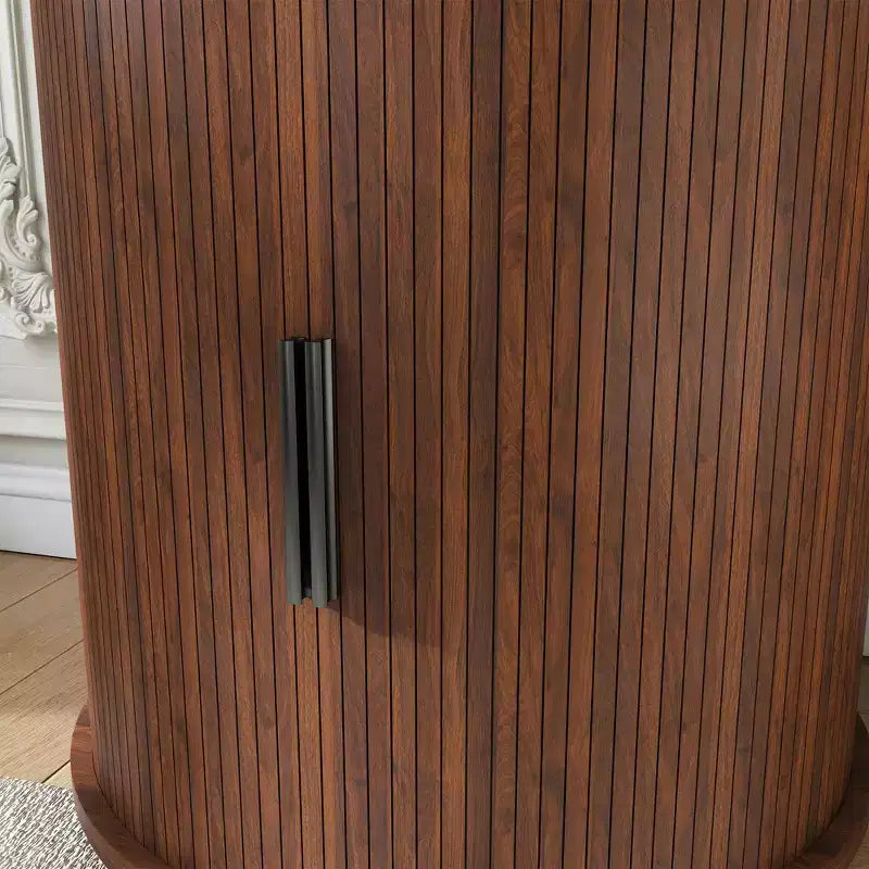 Mesa auxiliar cilíndrica de nogal con puerta corrediza y estación de carga, para 1 persona