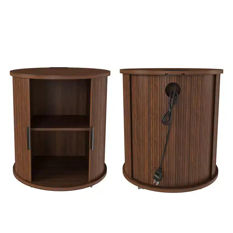 Mesa auxiliar cilíndrica de nogal con puerta corrediza y estación de carga, para 1 persona