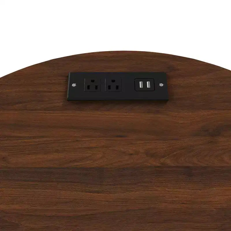Mesa auxiliar cilíndrica de nogal con puerta corrediza y estación de carga, para 1 persona