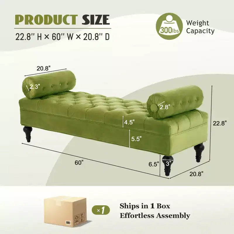 Banco de terciopelo para pie de cama con 2 almohadas, beige/verde/rosa/amarillo, para 1 persona