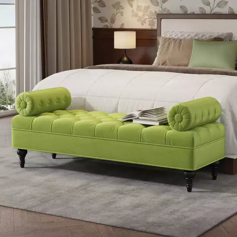 Banco de terciopelo para pie de cama con 2 almohadas, beige/verde/rosa/amarillo, para 1 persona