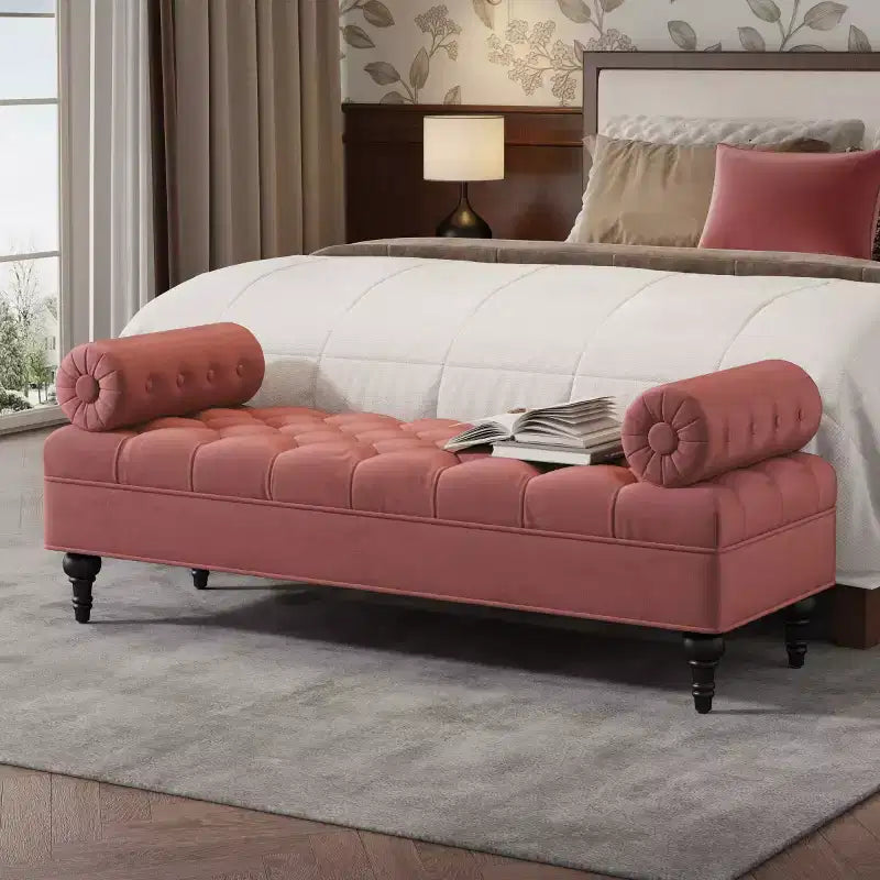 Banco de terciopelo para pie de cama con 2 almohadas, beige/verde/rosa/amarillo, para 1 persona