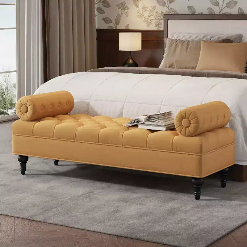 Banco de terciopelo para pie de cama con 2 almohadas, beige/verde/rosa/amarillo, para 1 persona