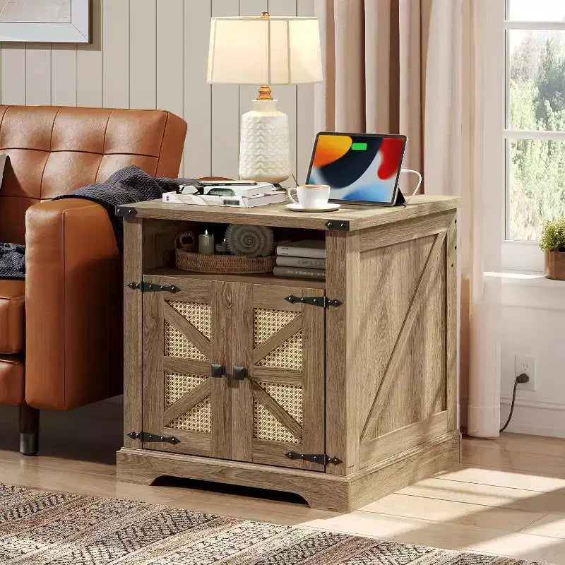 ACOINEL Farmhouse End Table with Charging Station, 23.6 Square Flip Tabletop Side Table, Large Nightstand with Open Storage