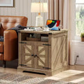 ACOINEL Farmhouse End Table with Charging Station, 23.6 Square Flip Tabletop Side Table, Large Nightstand with Open Storage