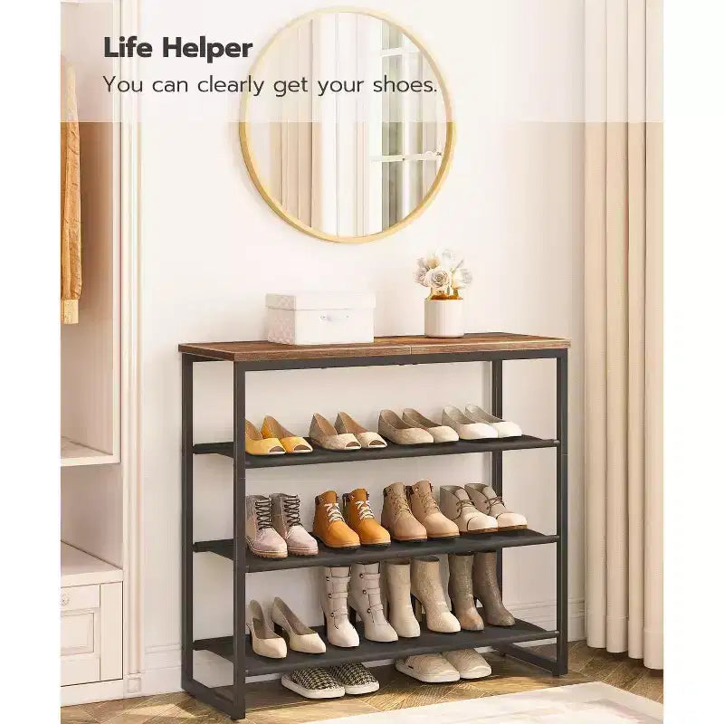 Zapatero de 4 niveles, marrón rústico, estilo industrial, capacidad para 12-16 pares