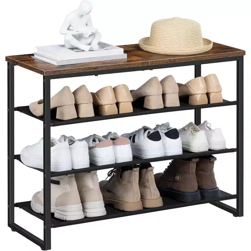 Zapatero de 4 niveles, marrón rústico, estilo industrial, capacidad para 12-16 pares