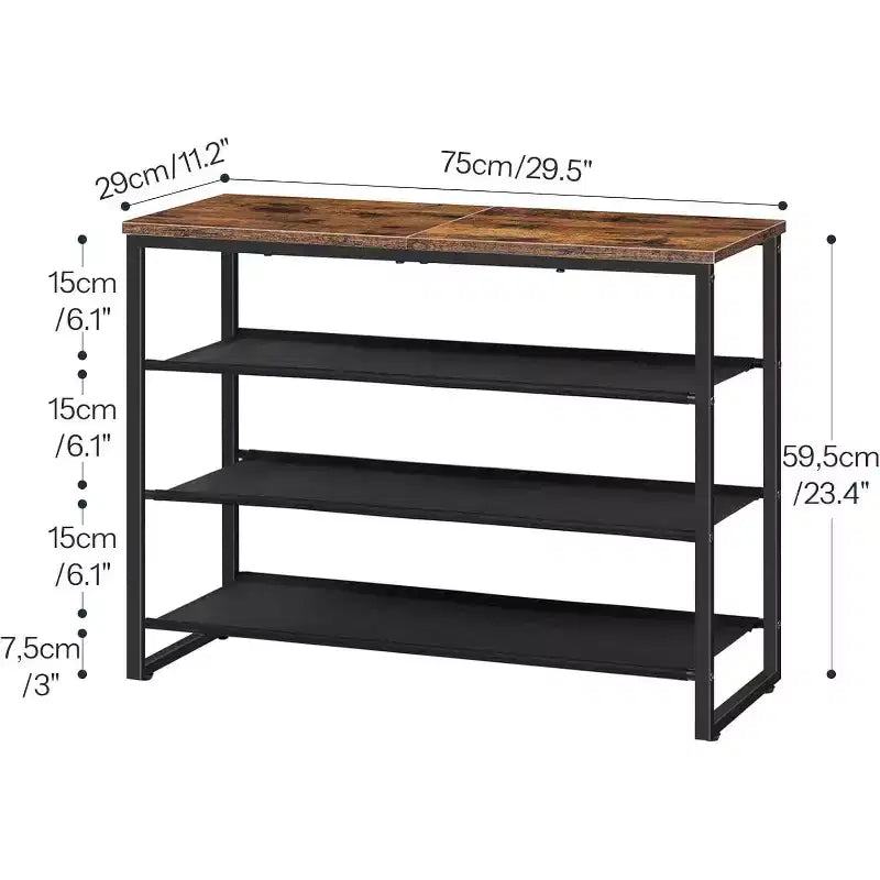 Zapatero de 4 niveles, marrón rústico, estilo industrial, capacidad para 12-16 pares