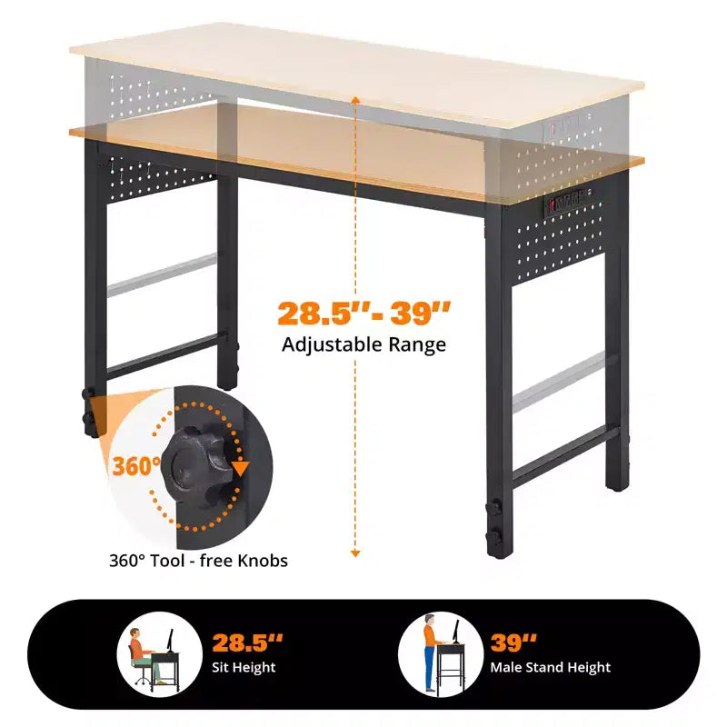 Banco de trabajo individual de altura regulable, negro, con panel perforado y ruedas, 119 cm
