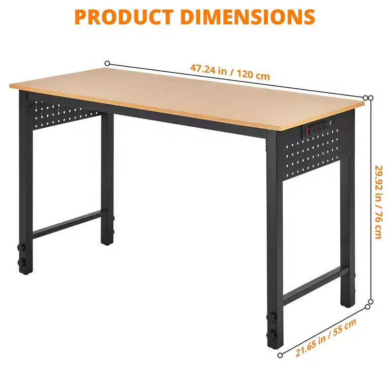 Banco de trabajo individual de altura regulable, negro, con panel perforado y ruedas, 119 cm