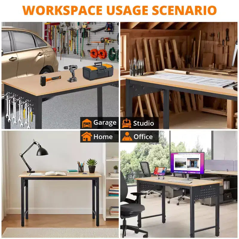 Banco de trabajo individual de altura regulable, negro, con panel perforado y ruedas, 119 cm