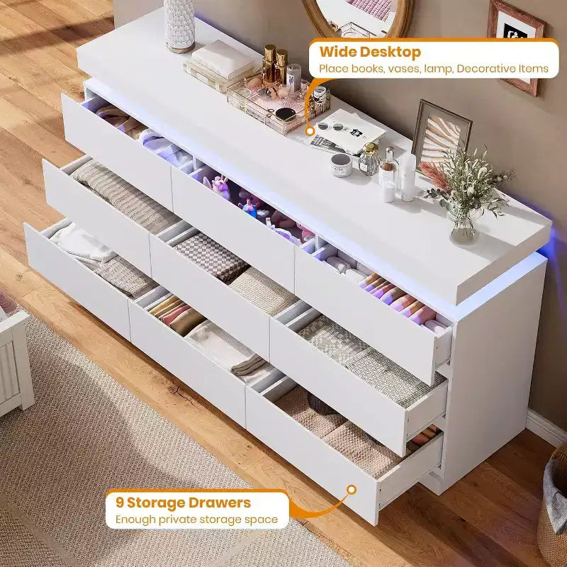 Cómoda de 9 cajones, blanco y negro, con luces LED y puertos USB, 160 cm de ancho