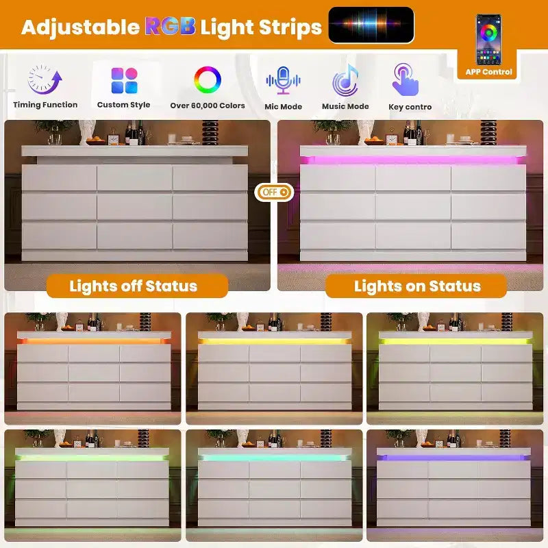 Cómoda de 9 cajones, blanco y negro, con luces LED y puertos USB, 160 cm de ancho
