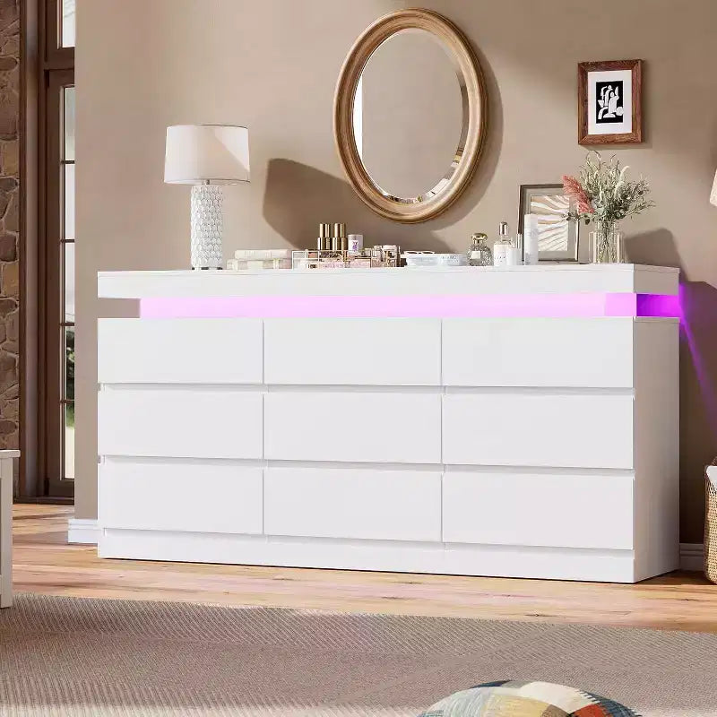 Cómoda de 9 cajones, blanco y negro, con luces LED y puertos USB, 160 cm de ancho