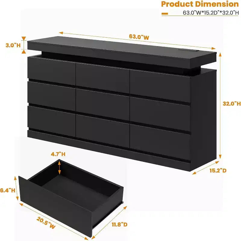 Cómoda de 9 cajones, blanco y negro, con luces LED y puertos USB, 160 cm de ancho